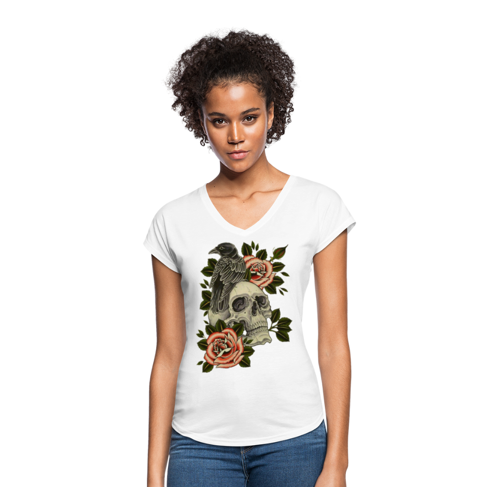 Women's Crow Skull V-Neck T-Shirt - white